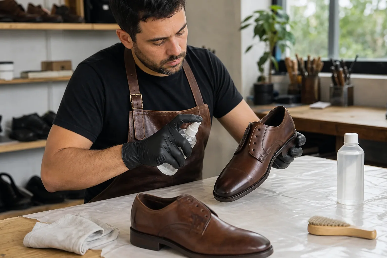 Sapateiro aplicando impermeabilizante em sapatos.