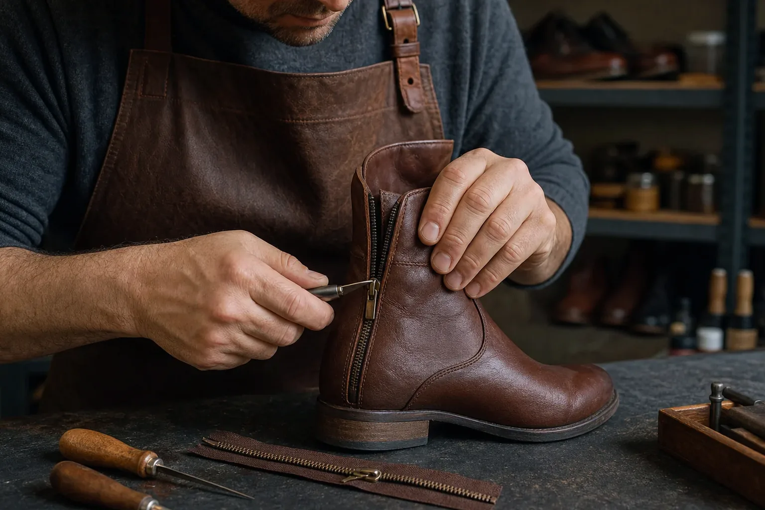 Sapateiro consertando o zíper de uma bota.