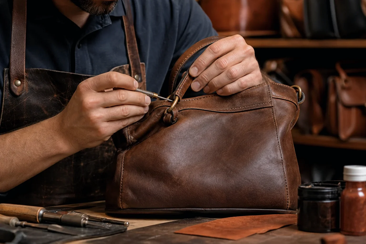 Sapateiro reformando uma bolsa de couro.